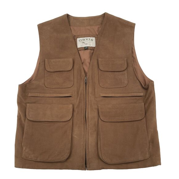 Orvis Suede Leather Vest Mens Medium Brown 8 Pockets